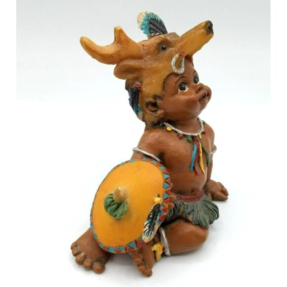 Native American Smiling Baby Figure Deer Antler Headdress Shield Vintage 3 Inch - Picture 3 of 15